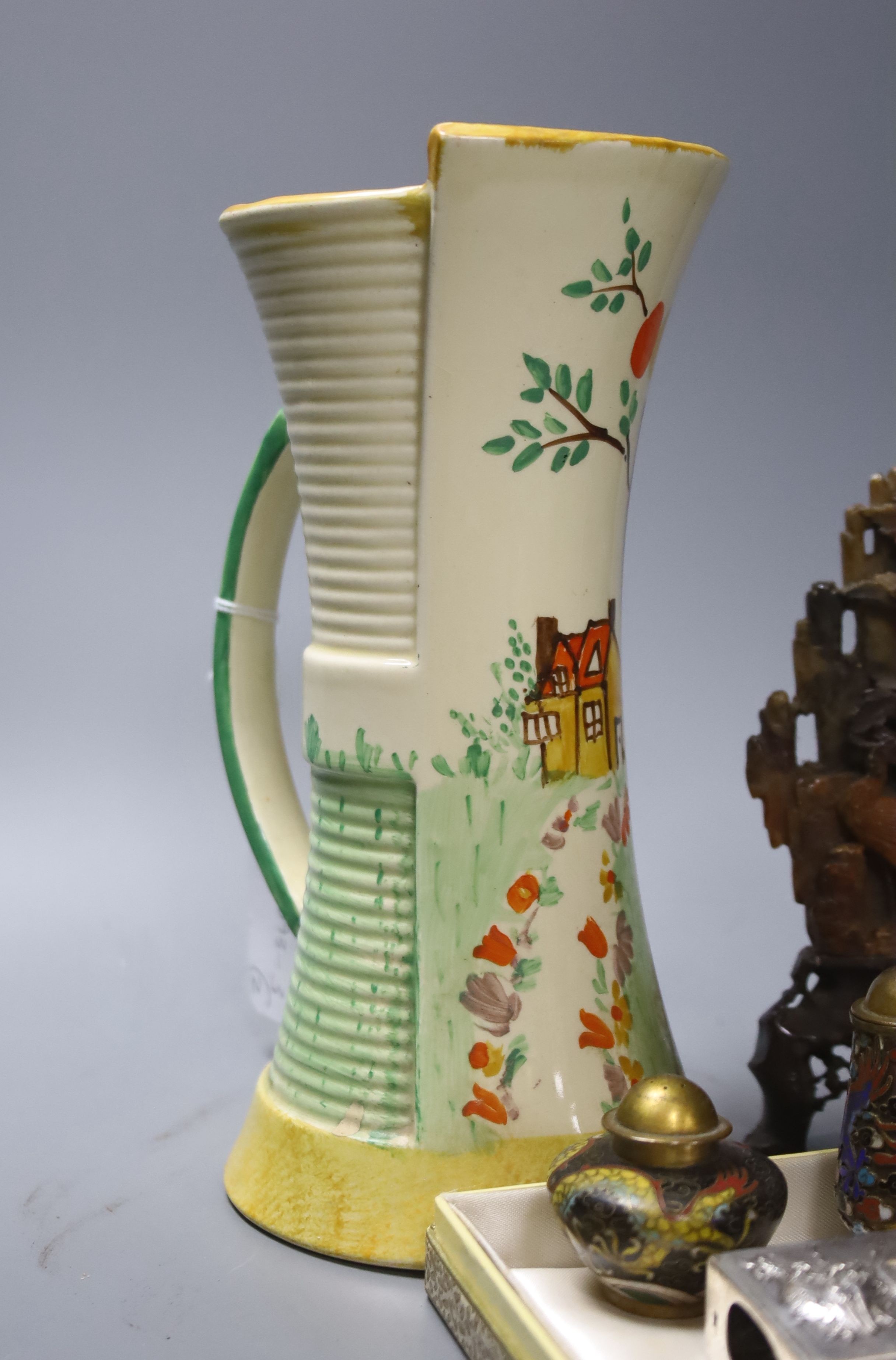 A Chinese soapstone carving, 16cm, a Chinese metal Matchbox holder, and four Chinese cloisonne enamel items